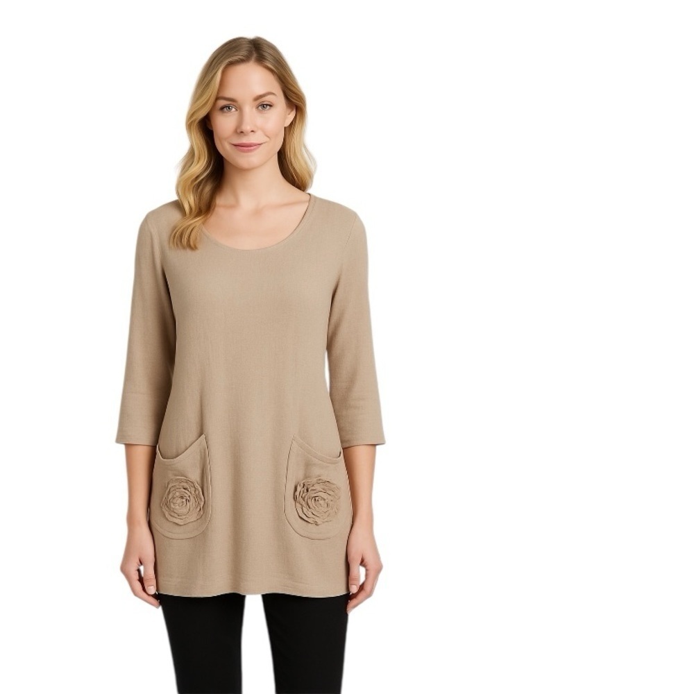 Soft Surroundings Beige Flower Pockets Lagenlook Linen Blend Baggy Tunic Top M